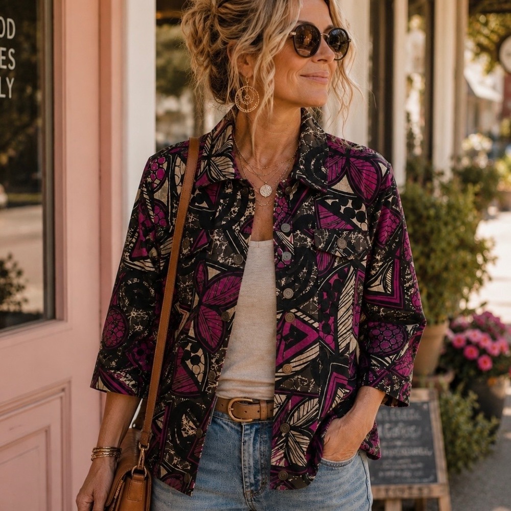 Chicos Hot Pink Floral Jacket L 2 Lined Textured Cotton Going Out Boho Old Money